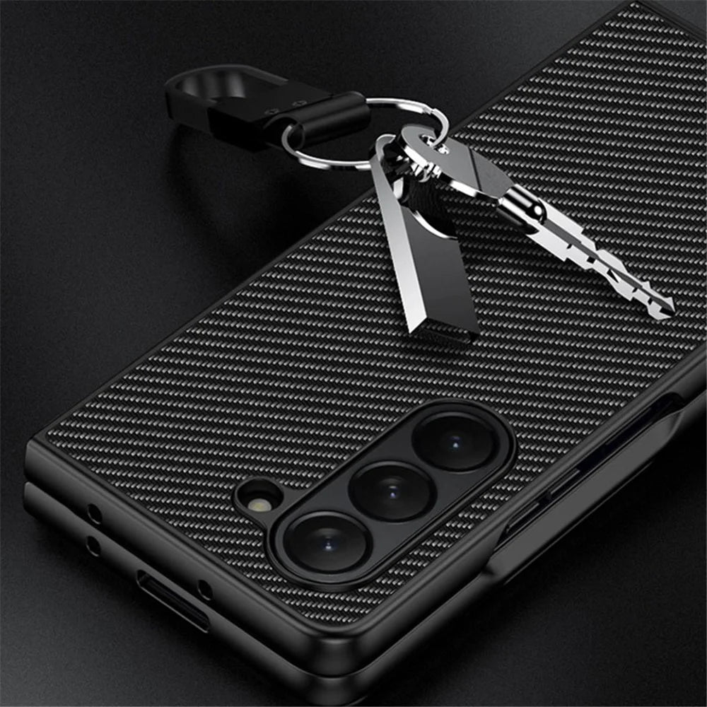 For Samsung Galaxy Z Fold5 5G Slim Fit PU Leather + PC Case Carbon Fiber Texture Phone Cover - Carbon Black - 5