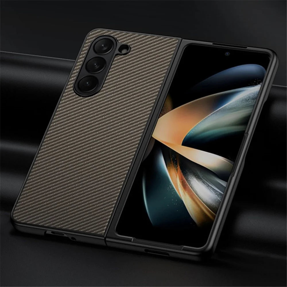For Samsung Galaxy Z Fold5 5G Slim Fit PU Leather + PC Case Carbon Fiber Texture Phone Cover - Carbon Black - 6