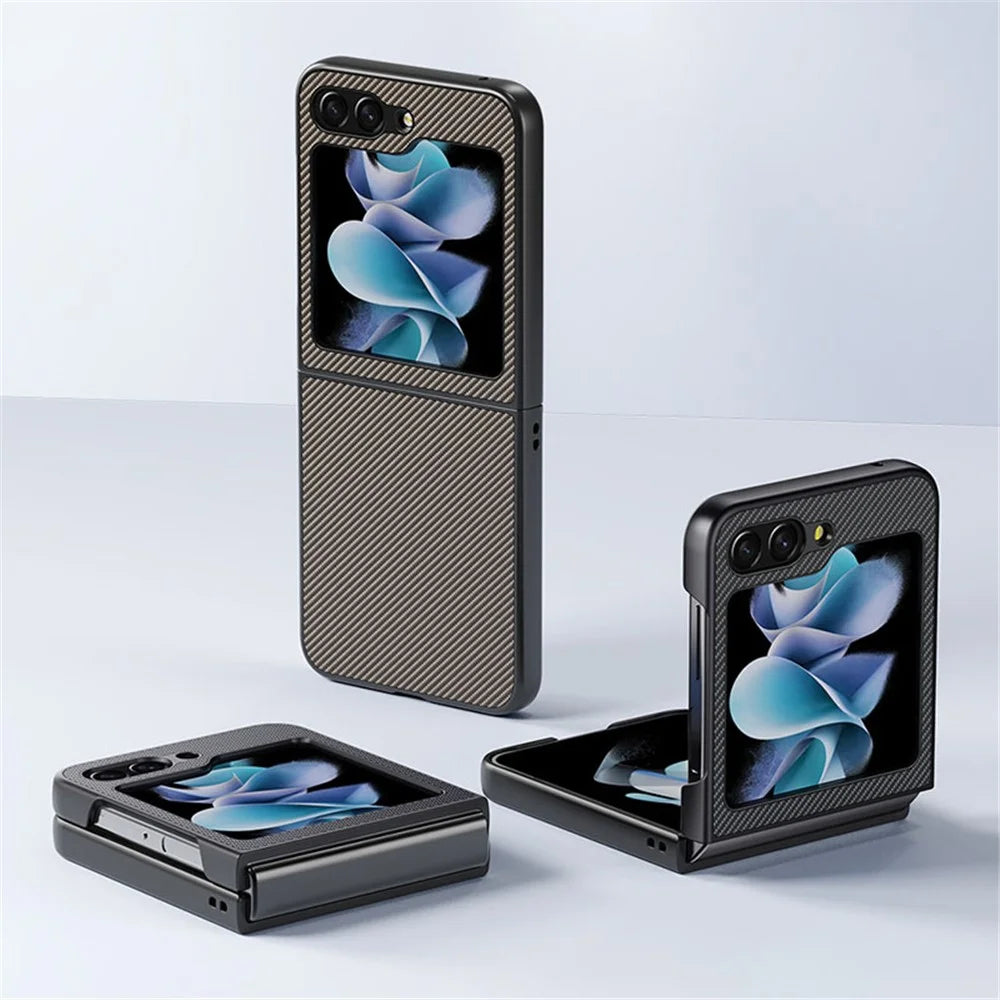 For Samsung Galaxy Z Flip5 5G Carbon Fiber Texture Phone Case PU Leather + PC Ultra-Thin Cover - Carbon Gold - 2