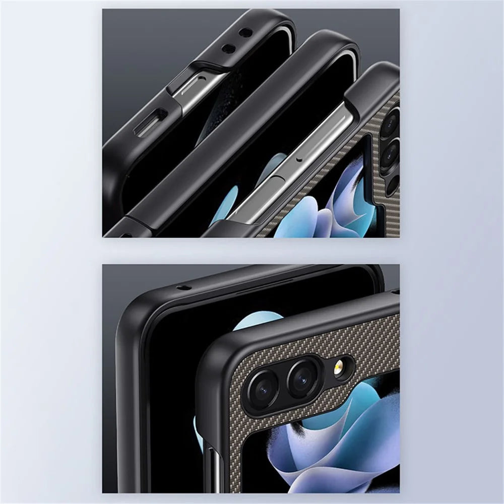 For Samsung Galaxy Z Flip5 5G Carbon Fiber Texture Phone Case PU Leather + PC Ultra-Thin Cover - Carbon Gold - 5
