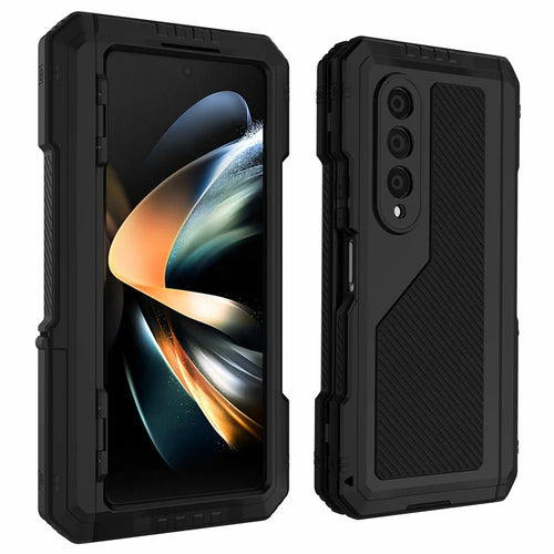 For Samsung Galaxy Z Fold4 5G Aluminium Alloy + Silicone Phone Case Shockproof Dustproof Kickstand Protective Cover with Screen Protector - Black - 1