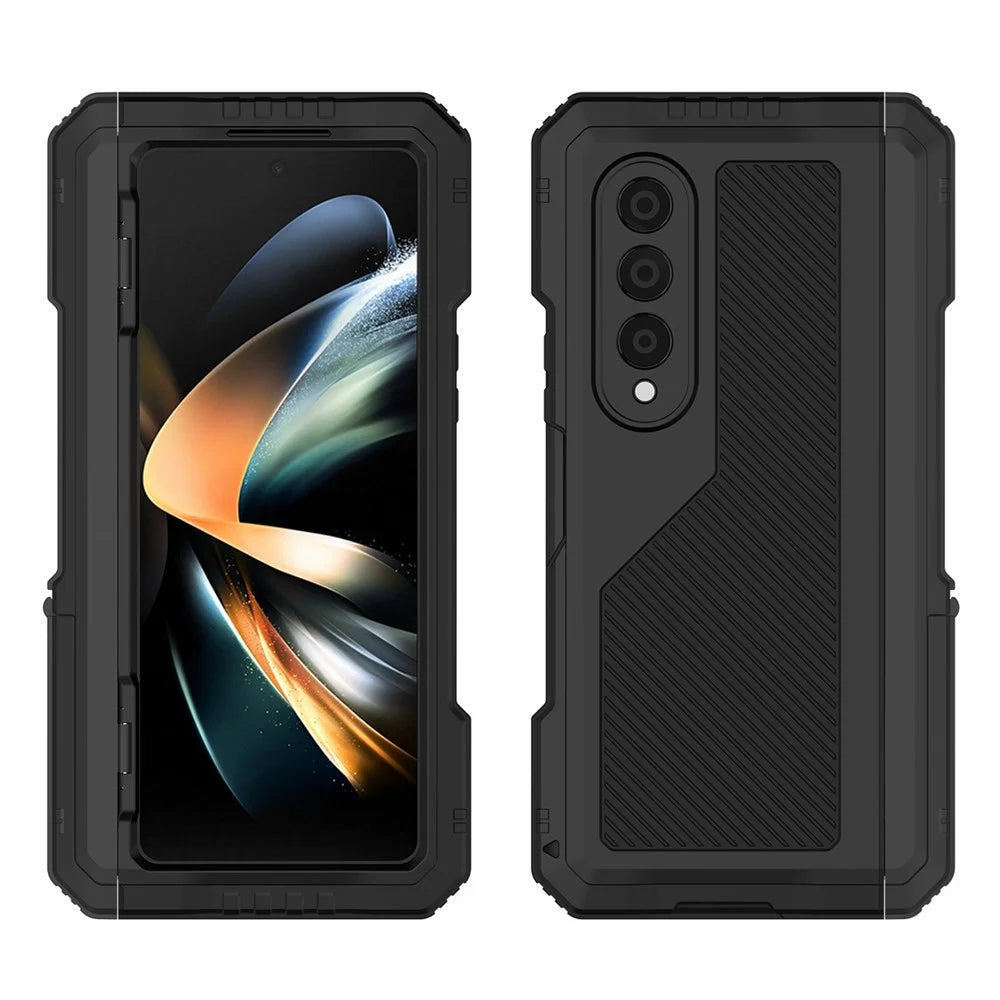 For Samsung Galaxy Z Fold4 5G Aluminium Alloy + Silicone Phone Case Shockproof Dustproof Kickstand Protective Cover with Screen Protector - Black - 2