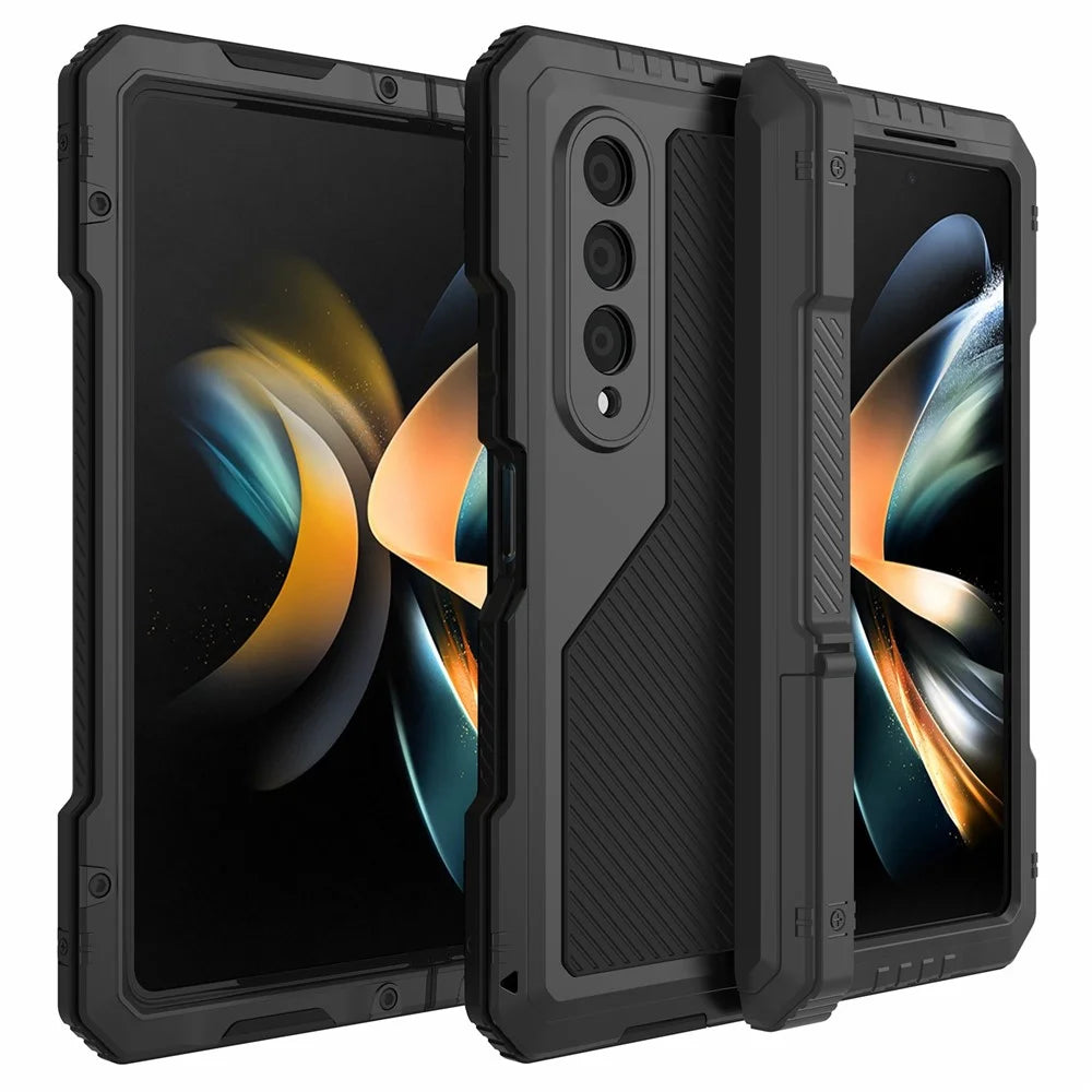 For Samsung Galaxy Z Fold4 5G Aluminium Alloy + Silicone Phone Case Shockproof Dustproof Kickstand Protective Cover with Screen Protector - Black - 3