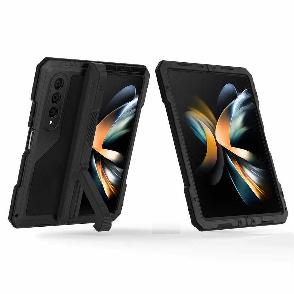 For Samsung Galaxy Z Fold4 5G Aluminium Alloy + Silicone Phone Case Shockproof Dustproof Kickstand Protective Cover with Screen Protector - Black - 4