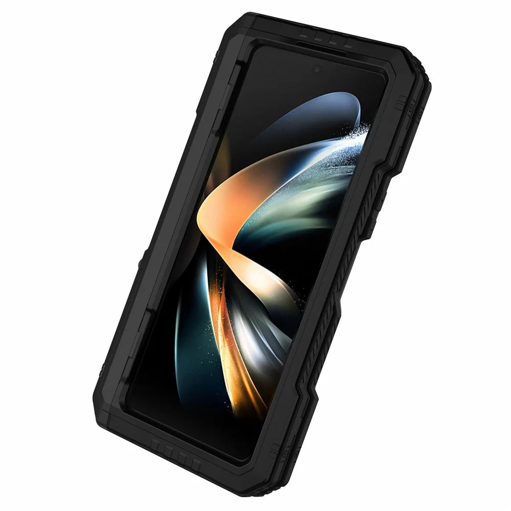 For Samsung Galaxy Z Fold4 5G Aluminium Alloy + Silicone Phone Case Shockproof Dustproof Kickstand Protective Cover with Screen Protector - Black - 5