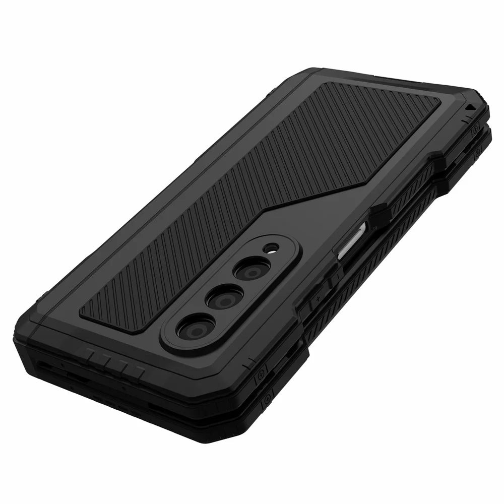 For Samsung Galaxy Z Fold4 5G Aluminium Alloy + Silicone Phone Case Shockproof Dustproof Kickstand Protective Cover with Screen Protector - Black - 6