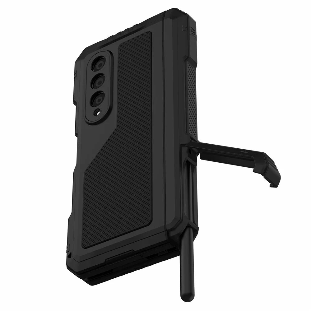 For Samsung Galaxy Z Fold4 5G Aluminium Alloy + Silicone Phone Case Shockproof Dustproof Kickstand Protective Cover with Screen Protector - Black - 7