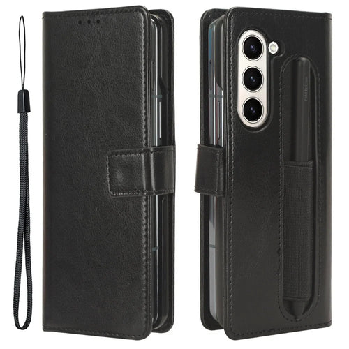 Phone Cover for Samsung Galaxy Z Fold5 5G Leather Wallet Crazy Horse Texture Stand Case with Pen Slot - Black - 1