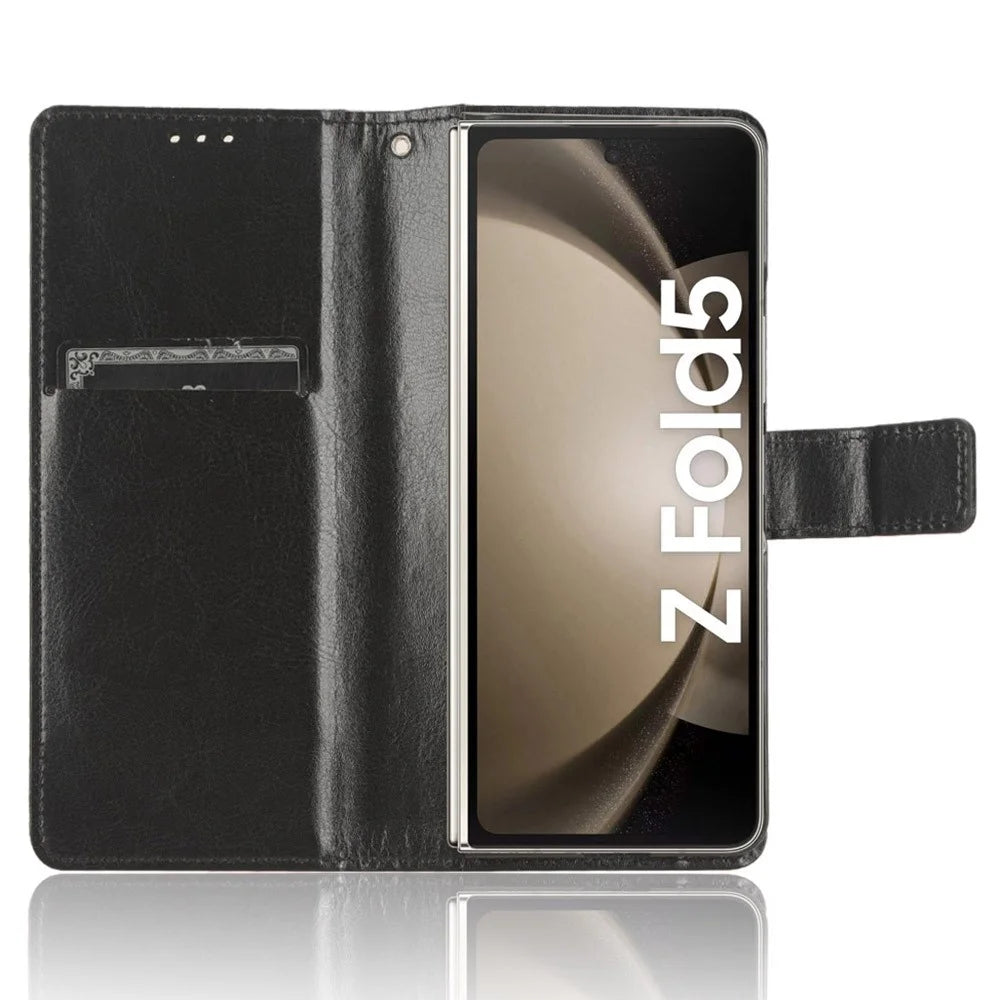 Phone Cover for Samsung Galaxy Z Fold5 5G Leather Wallet Crazy Horse Texture Stand Case with Pen Slot - Black - 2
