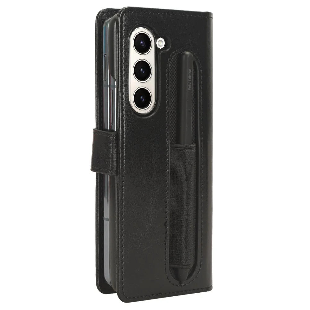 Phone Cover for Samsung Galaxy Z Fold5 5G Leather Wallet Crazy Horse Texture Stand Case with Pen Slot - Black - 6