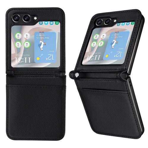 For Samsung Galaxy Z Flip5 5G Litchi Texture One-piece Phone Case PU Leather + PC Card Slot Cover - Black - 1