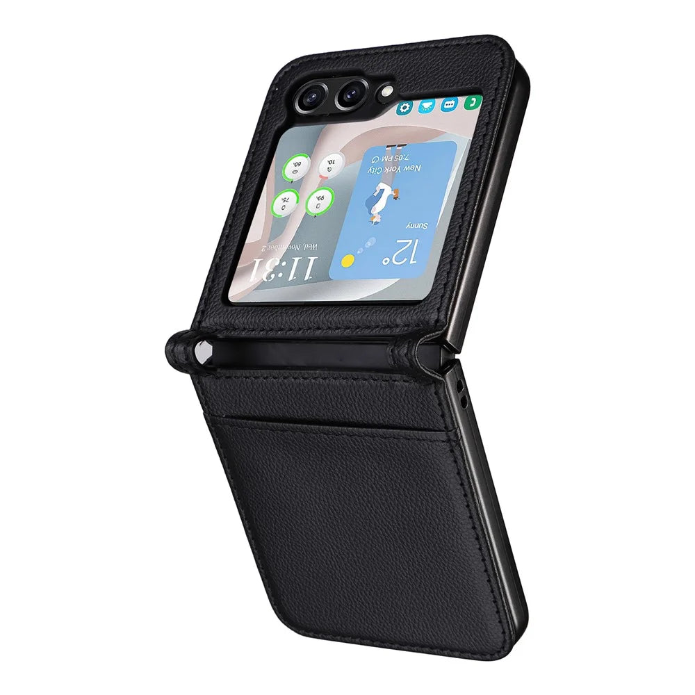 For Samsung Galaxy Z Flip5 5G Litchi Texture One-piece Phone Case PU Leather + PC Card Slot Cover - Black - 4