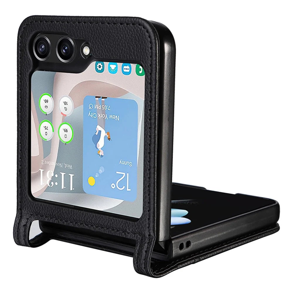 For Samsung Galaxy Z Flip5 5G Litchi Texture One-piece Phone Case PU Leather + PC Card Slot Cover - Black - 5