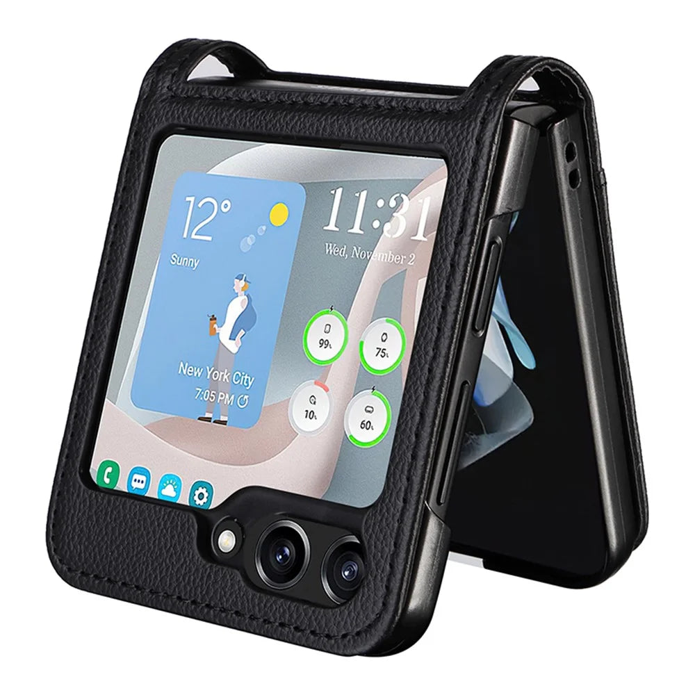 For Samsung Galaxy Z Flip5 5G Litchi Texture One-piece Phone Case PU Leather + PC Card Slot Cover - Black - 6