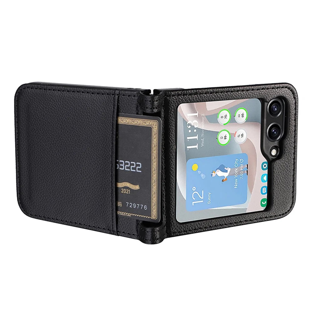 For Samsung Galaxy Z Flip5 5G Litchi Texture One-piece Phone Case PU Leather + PC Card Slot Cover - Black - 7