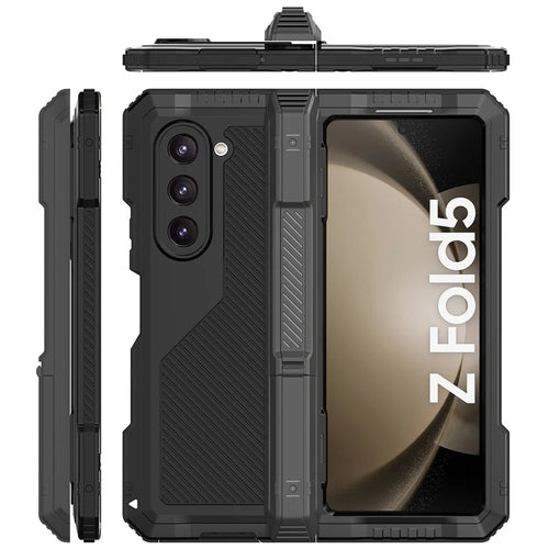 For Samsung Galaxy Z Fold5 5G Aluminium Alloy + Silicone Phone Kickstand Case Shockproof Protective Cover with PET Screen Protector - Black - 1