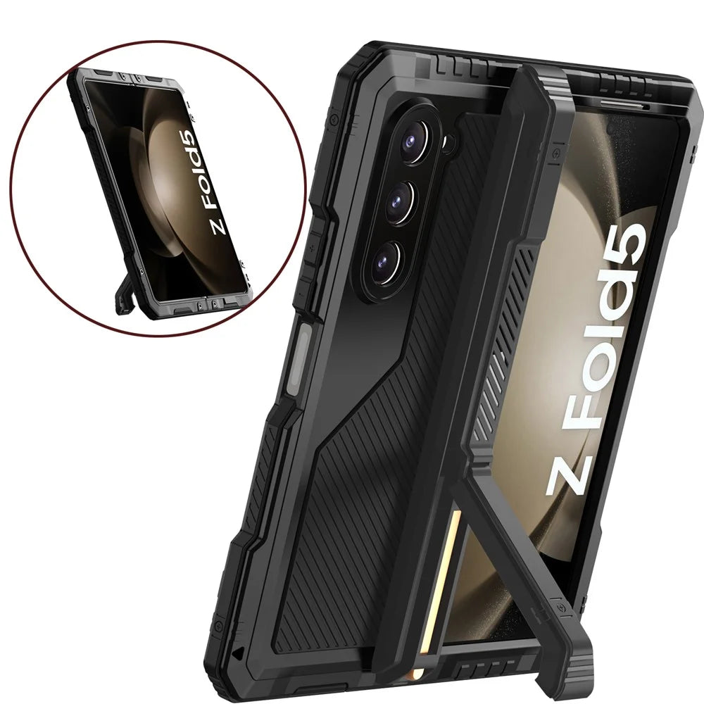 For Samsung Galaxy Z Fold5 5G Aluminium Alloy + Silicone Phone Kickstand Case Shockproof Protective Cover with PET Screen Protector - Black - 2