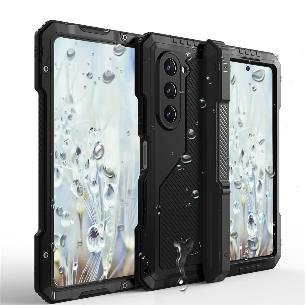For Samsung Galaxy Z Fold5 5G Aluminium Alloy + Silicone Phone Kickstand Case Shockproof Protective Cover with PET Screen Protector - Black - 3