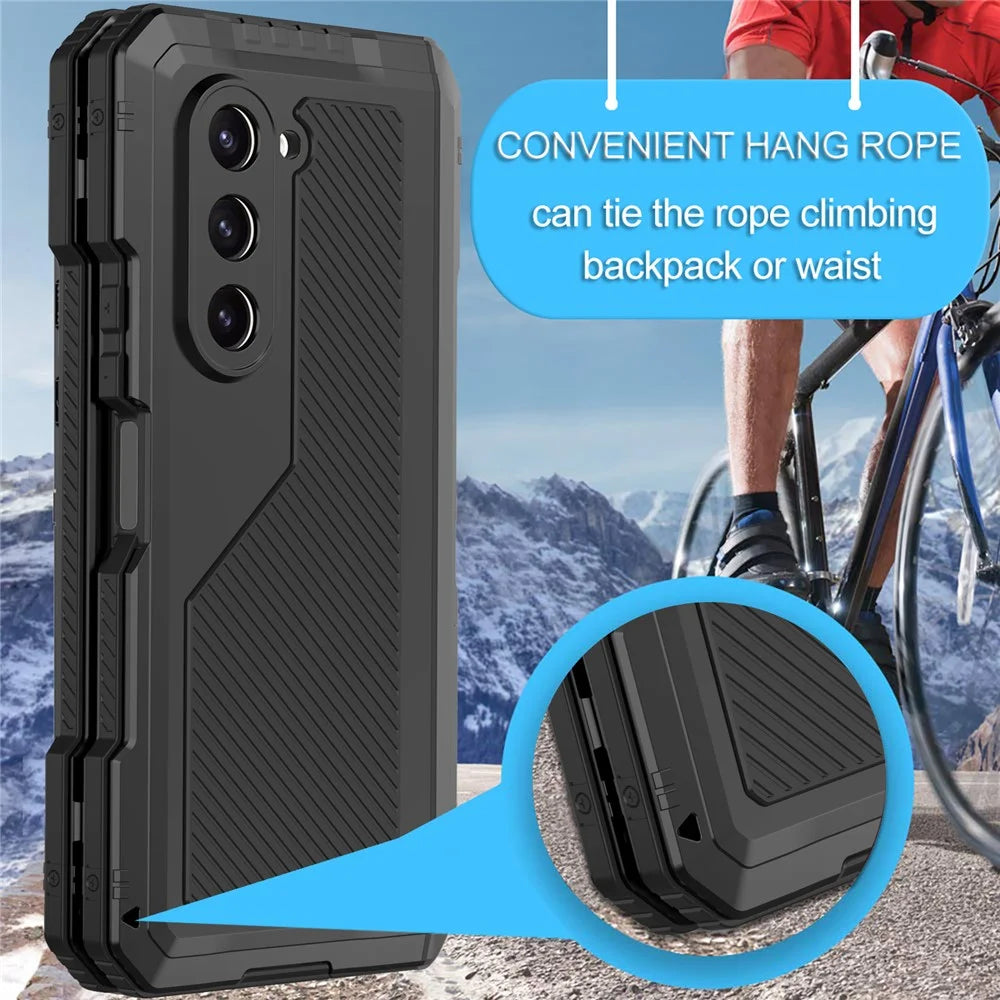 For Samsung Galaxy Z Fold5 5G Aluminium Alloy + Silicone Phone Kickstand Case Shockproof Protective Cover with PET Screen Protector - Black - 5