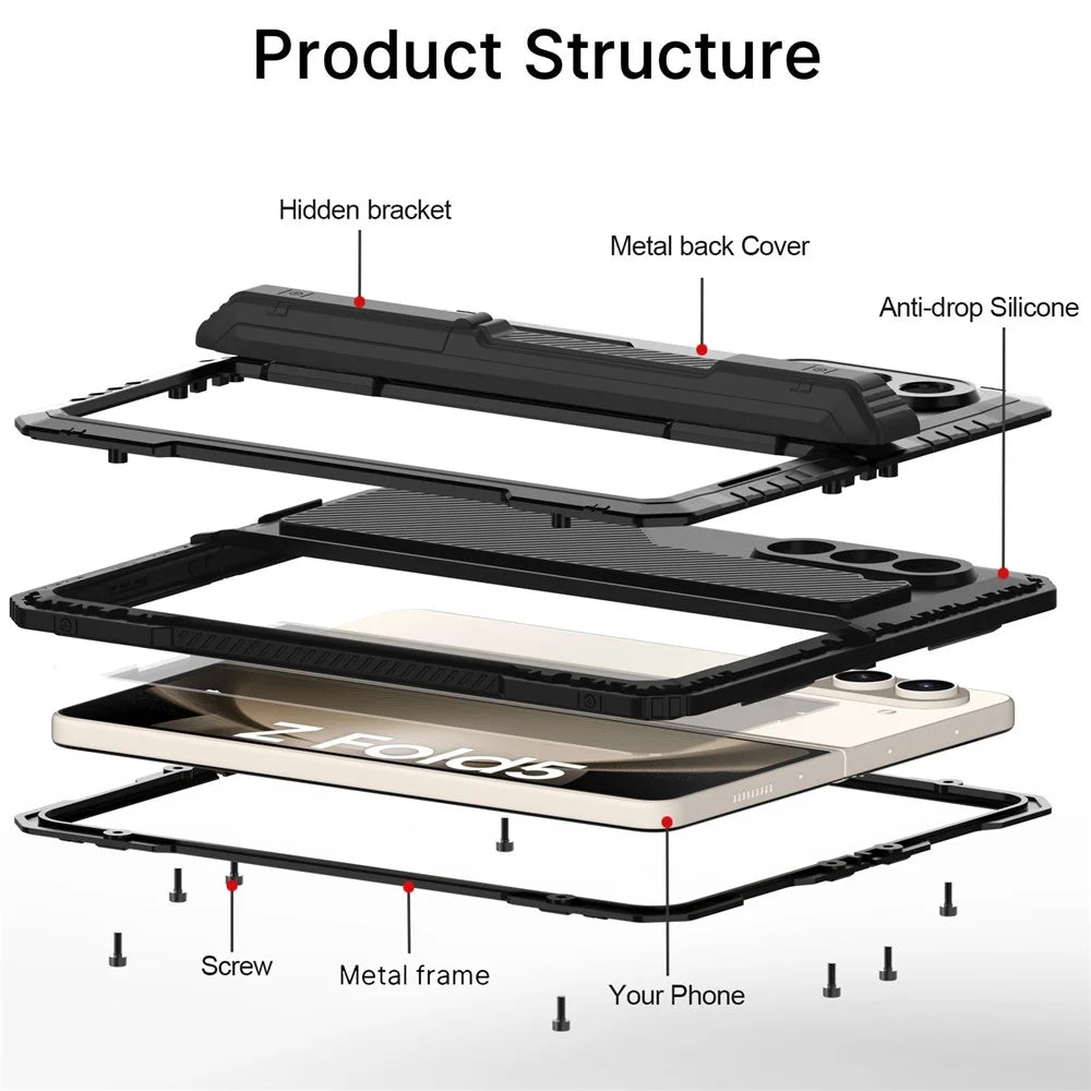 For Samsung Galaxy Z Fold5 5G Aluminium Alloy + Silicone Phone Kickstand Case Shockproof Protective Cover with PET Screen Protector - Black - 6