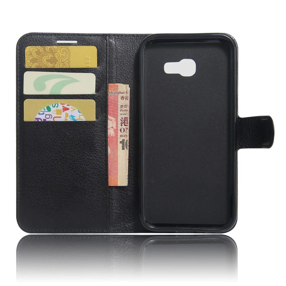 For Samsung Galaxy A5 (2017) Litchi Grain Leather Wallet Stand Case Anti-Drop Anti-Fall Protections - Black - 6