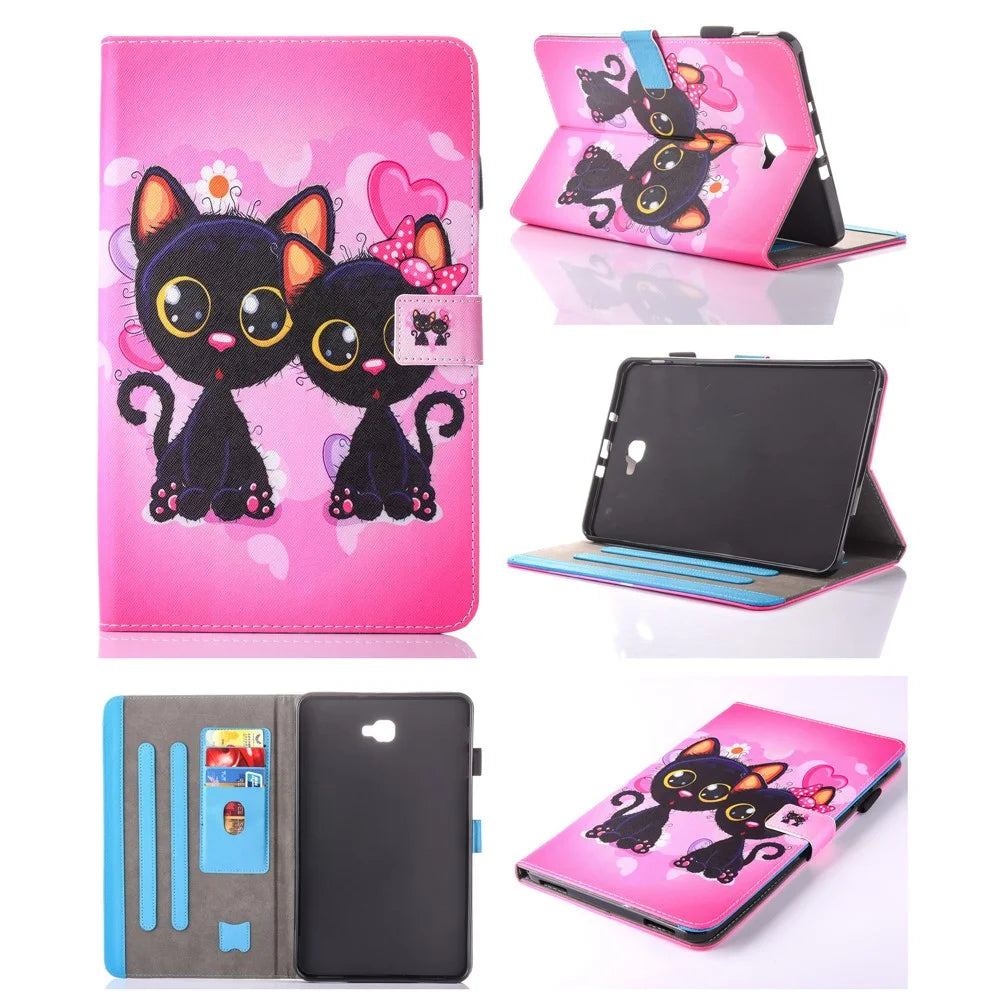 For Samsung Galaxy Tab A 10.1 (2016) T580 T585 Patterned Leather Card Slot Shell - Two Lovely Cats - 1