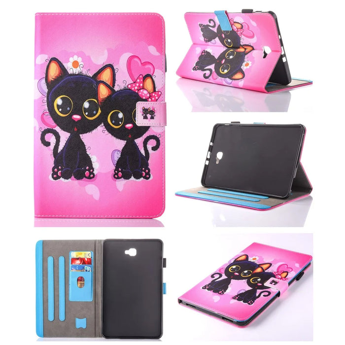 For Samsung Galaxy Tab A 10.1 (2016) T580 T585 Patterned Leather Card Slot Shell - Two Lovely Cats - 1