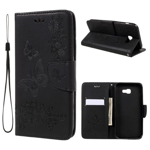 For Samsung Galaxy A3 (2017) Imprinted Butterfly Flowers Wallet Leather Case Stand - Black - 1
