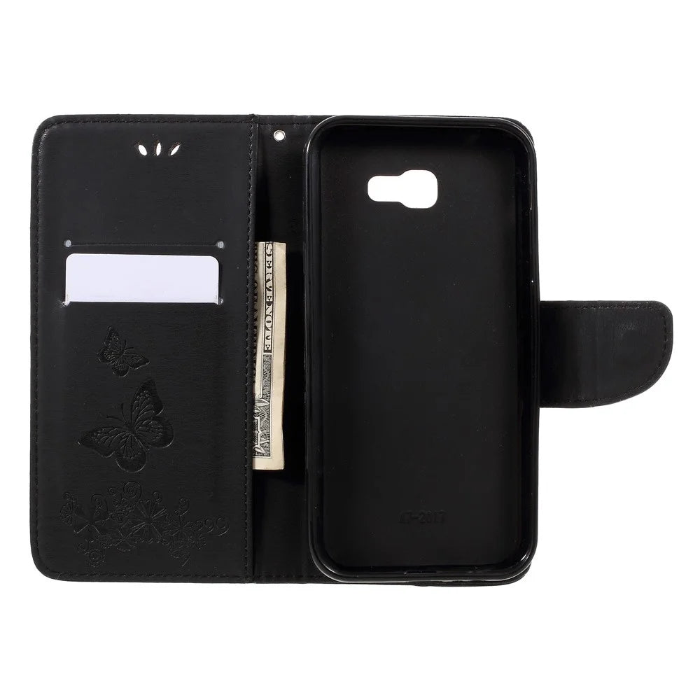 For Samsung Galaxy A3 (2017) Imprinted Butterfly Flowers Wallet Leather Case Stand - Black - 7