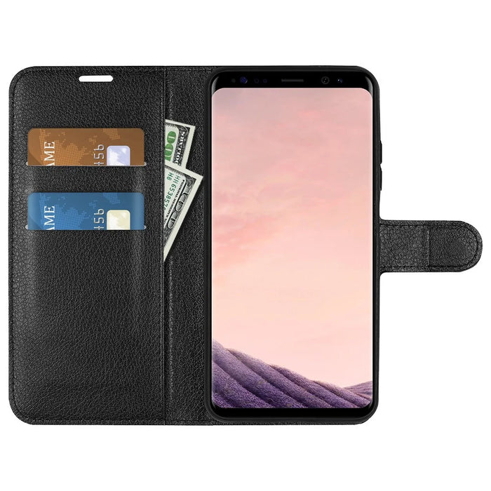 For Samsung Galaxy S8 Litchi Skin Leather Stand Case with Folio Flip Wallet Stand Design - Black - 2
