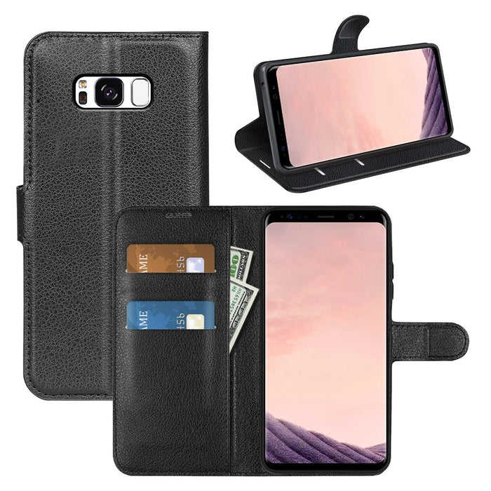 For Samsung Galaxy S8 Litchi Skin Leather Stand Case with Folio Flip Wallet Stand Design - Black - 7