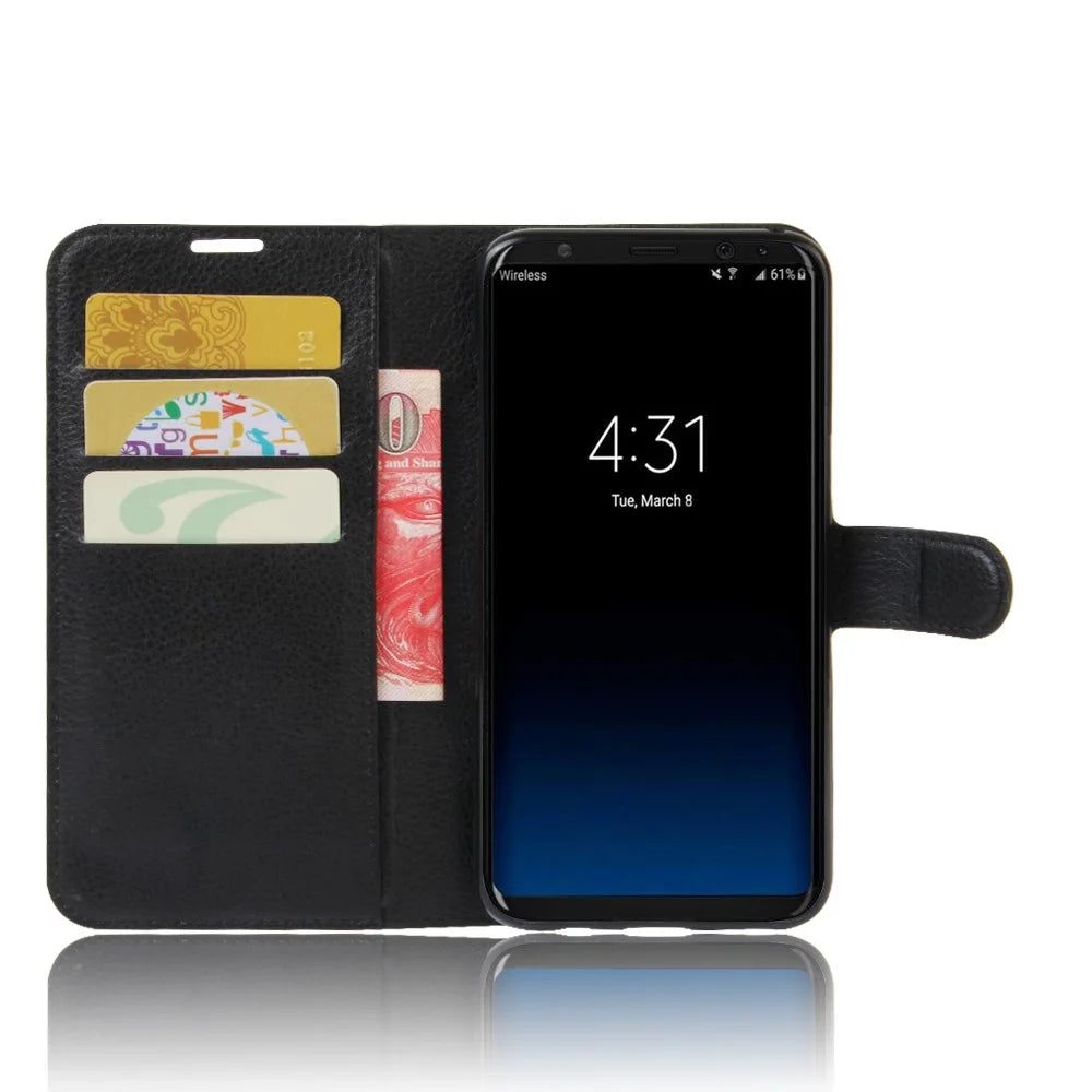 For Samsung Galaxy S8 Plus Lychee Litchi Skin Wallet Leather Stand Case with Magnetic Clasp Closure - Black - 3