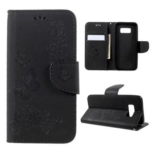 For Samsung Galaxy S8 Imprinted Butterfly Flowers Wallet Leather Case Stand - Black - 1