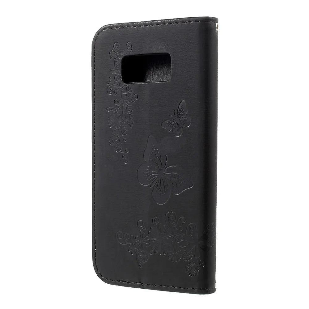 For Samsung Galaxy S8 Imprinted Butterfly Flowers Wallet Leather Case Stand - Black - 4