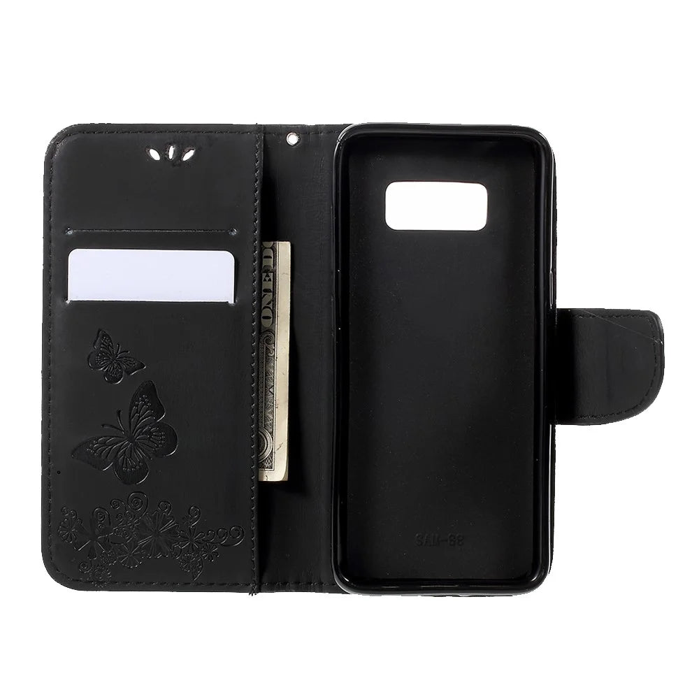 For Samsung Galaxy S8 Imprinted Butterfly Flowers Wallet Leather Case Stand - Black - 6