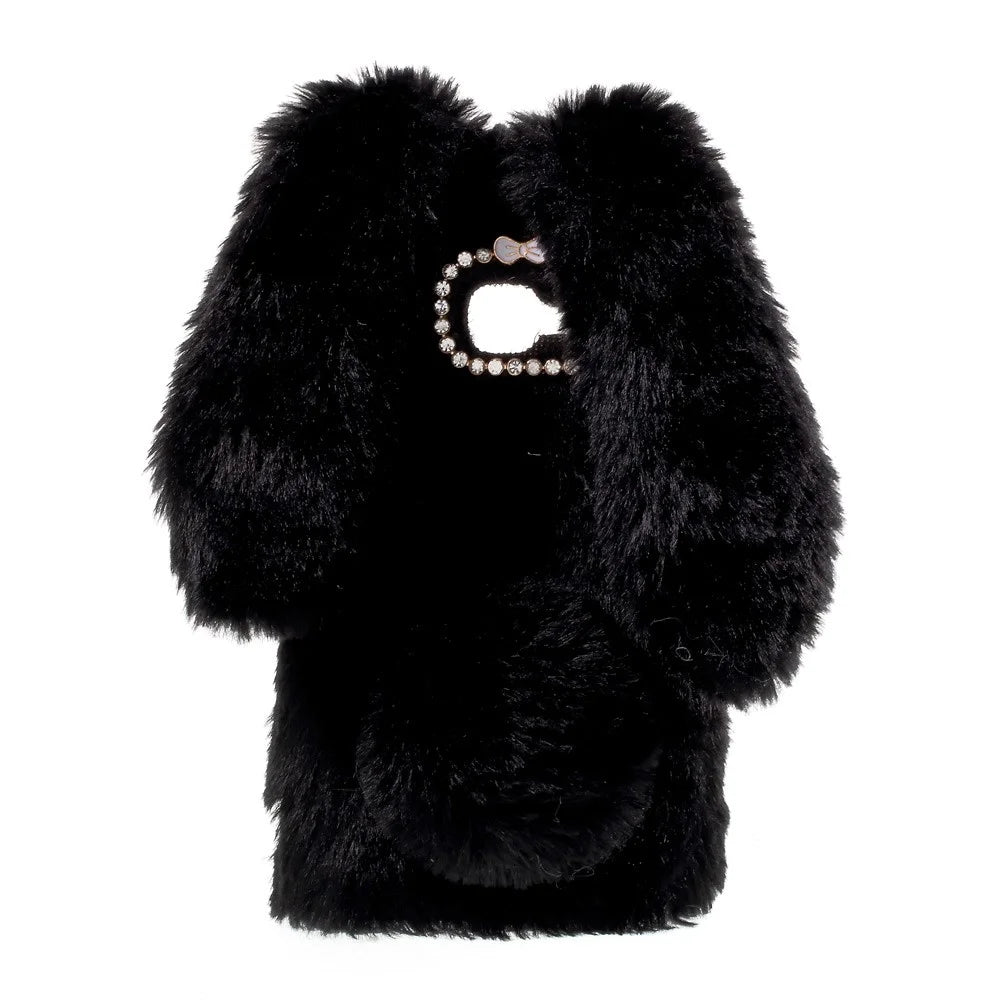 Bunny Shape Rhinestone Fluffy Warm Fur TPU Case for Samsung Galaxy Xcover 4s / Xcover 4 - Black - 1