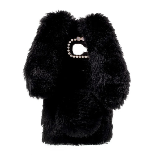 Bunny Shape Rhinestone Fluffy Warm Fur TPU Case for Samsung Galaxy Xcover 4s / Xcover 4 - Black - 1