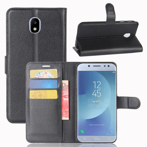 For Samsung Galaxy J3 (2017) Litchi Skin Wallet Leather Protection Phone Casing with Stand - Black - 1