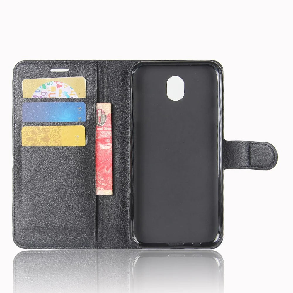 For Samsung Galaxy J3 (2017) Litchi Skin Wallet Leather Protection Phone Casing with Stand - Black - 3