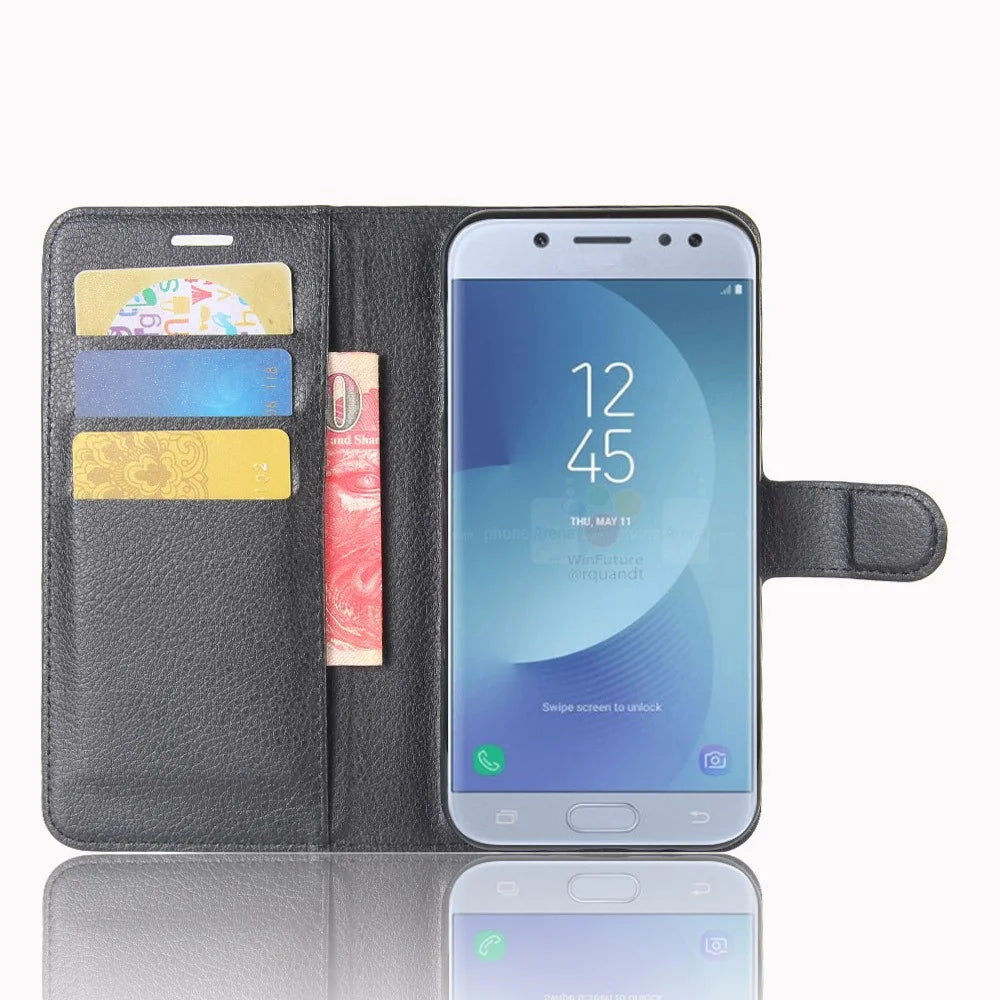For Samsung Galaxy J3 (2017) Litchi Skin Wallet Leather Protection Phone Casing with Stand - Black - 4