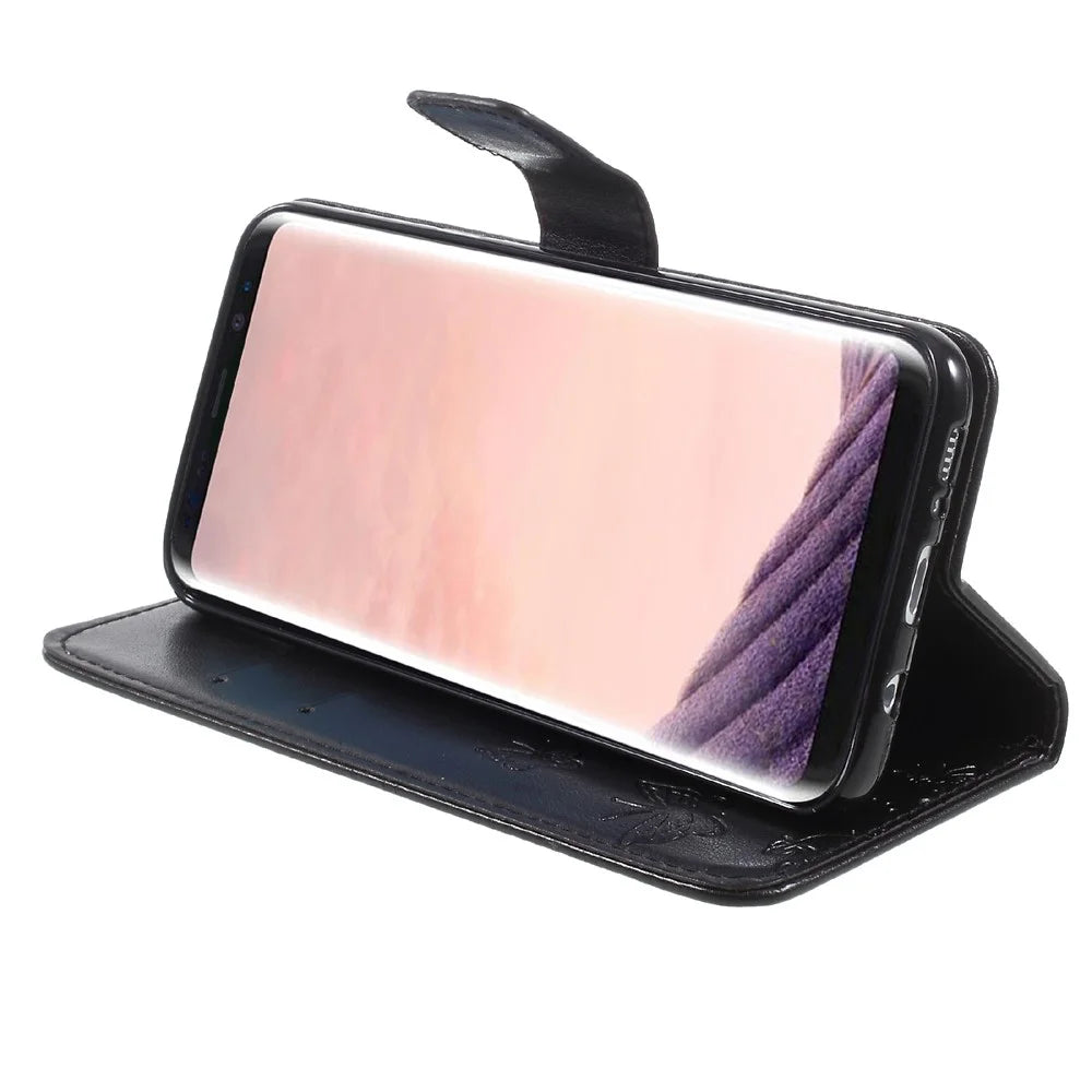 For Samsung Galaxy S8 SM-G950 Imprint Butterfly Flower Wallet Stand Leather Mobile Shell - Black - 4
