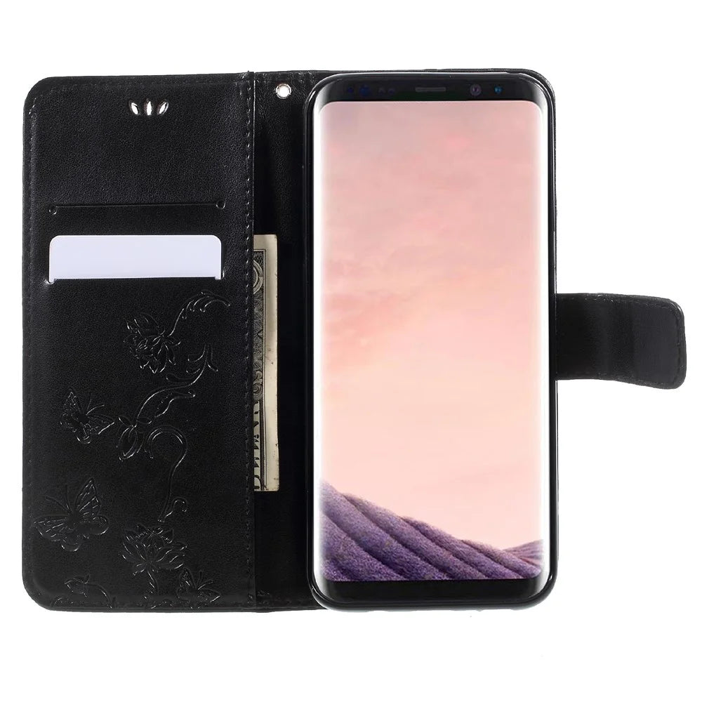 For Samsung Galaxy S8 SM-G950 Imprint Butterfly Flower Wallet Stand Leather Mobile Shell - Black - 6