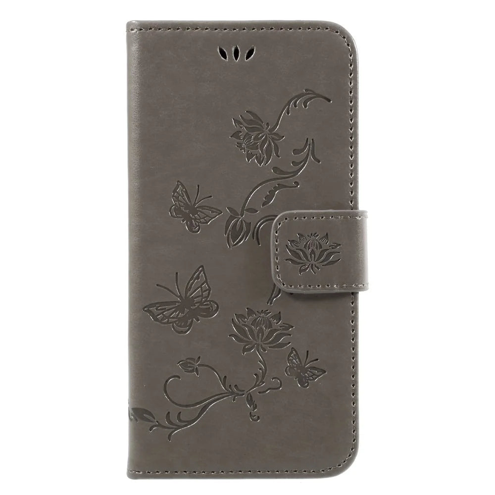 Imprint Butterfly Flower Magnetic Wallet PU Leather Stand Shell for Samsung	Galaxy J3 (2017) EU / Asia Version - Grey - 1