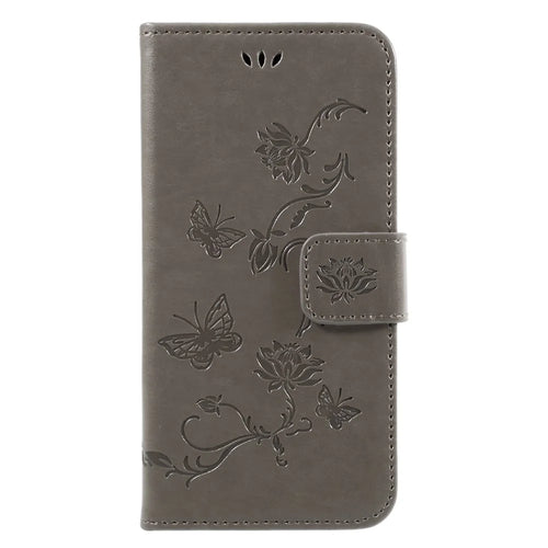 Imprint Butterfly Flower Magnetic Wallet PU Leather Stand Shell for Samsung	Galaxy J3 (2017) EU / Asia Version - Grey - 1