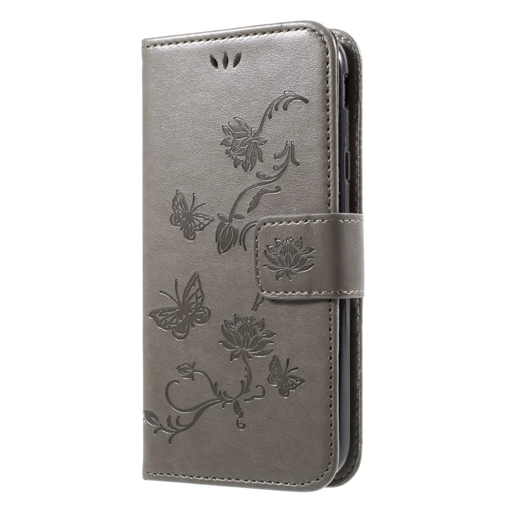 Imprint Butterfly Flower Magnetic Wallet PU Leather Stand Shell for Samsung	Galaxy J3 (2017) EU / Asia Version - Grey - 3