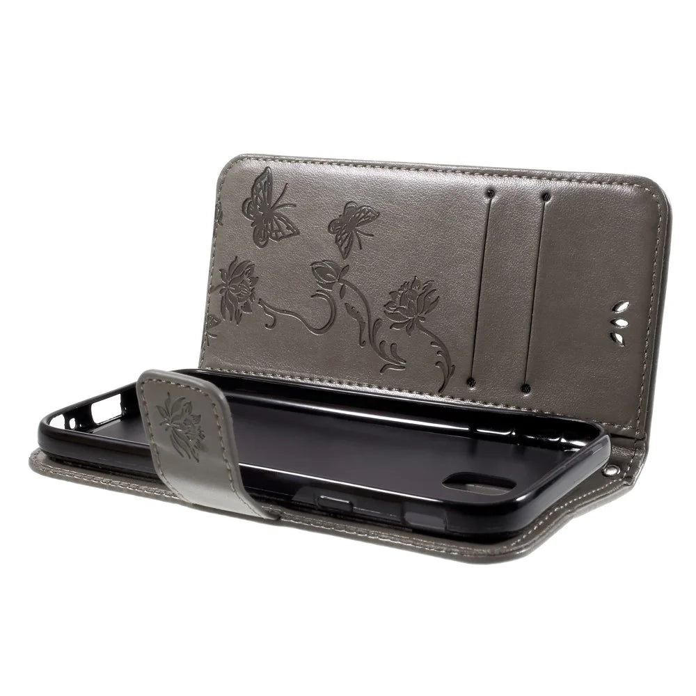 Imprint Butterfly Flower Magnetic Wallet PU Leather Stand Shell for Samsung	Galaxy J3 (2017) EU / Asia Version - Grey - 5