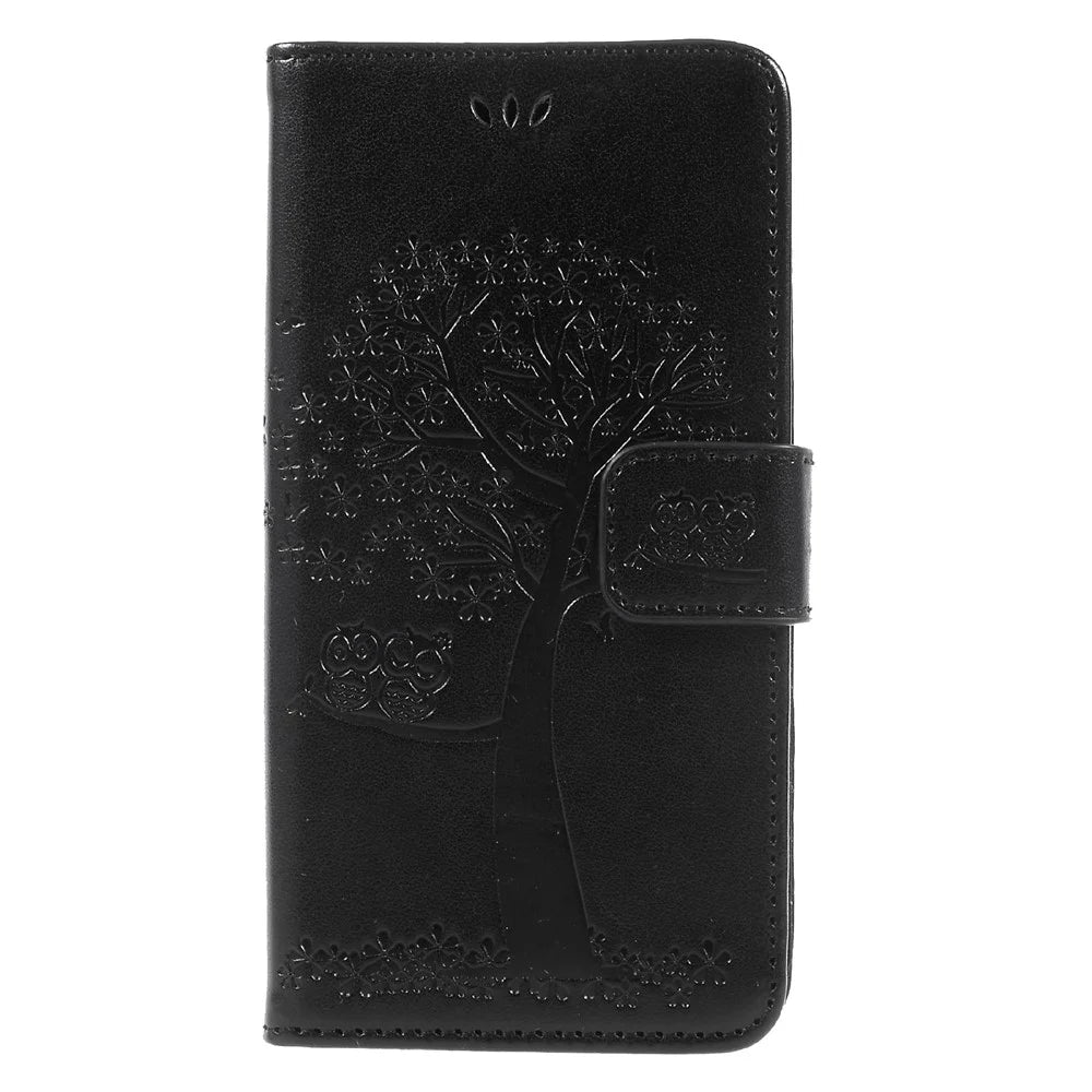 Imprint Tree Owl Leather Wallet Cover for Samsung Galaxy J3 (2017) EU Version - Black - 1