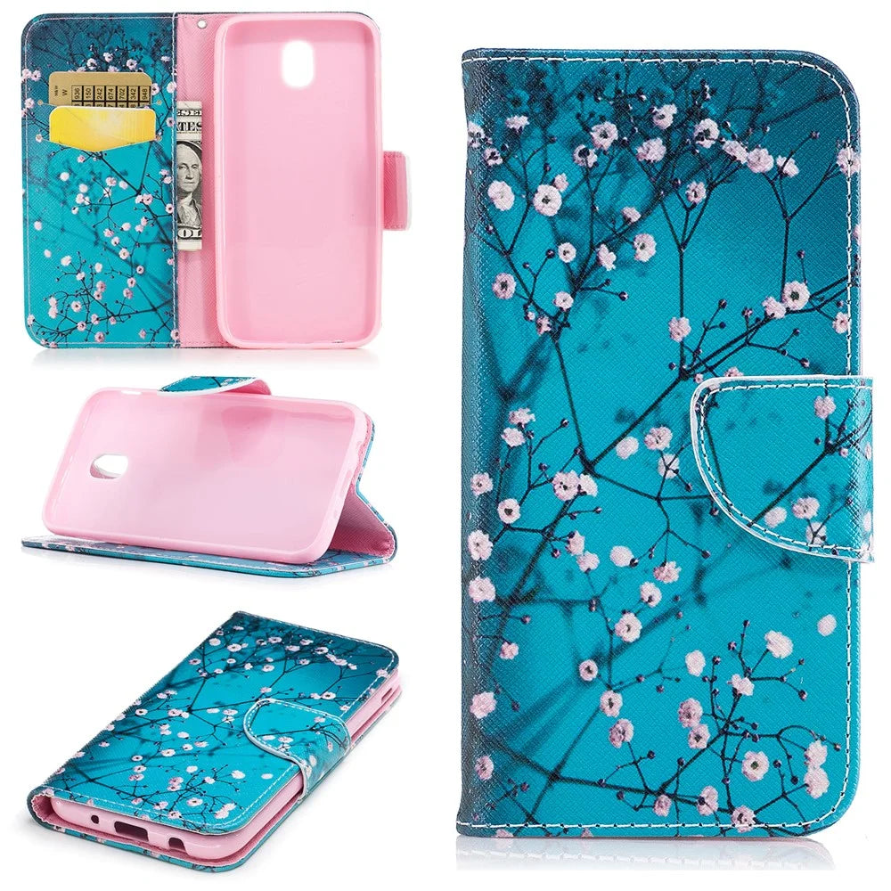 Pattern Printing Leather Wallet Mobile Phone Case Accessory for Samsung Galaxy J3 (2017) EU Version - Tree with Flowers - 1