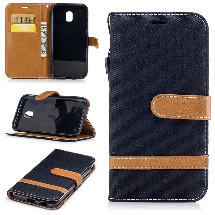 Two-tone Jean Cloth Leather Wallet Stand Casing with Card Slots for Samsung Galaxy J3 (2017) EU Version - Black - 1