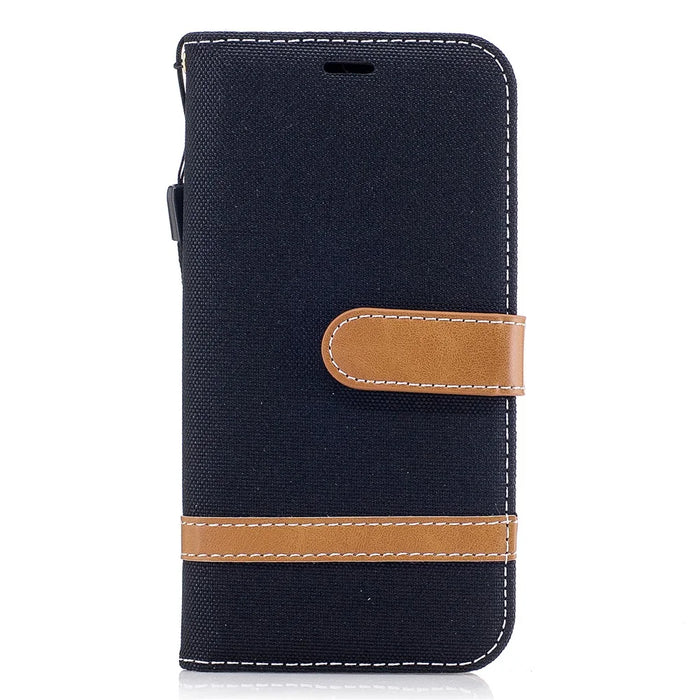 Two-tone Jean Cloth Leather Wallet Stand Casing with Card Slots for Samsung Galaxy J3 (2017) EU Version - Black - 2